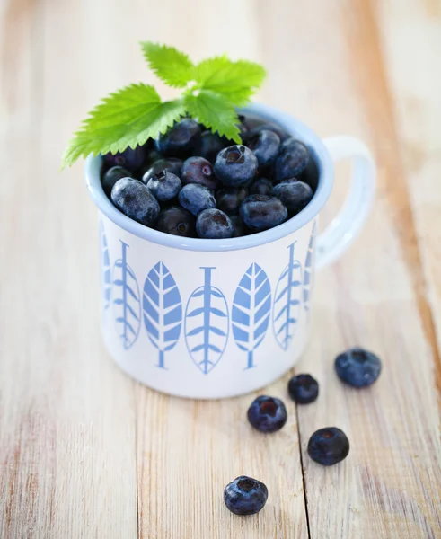 Delicious fresh blueberry in the white and blue cup — Stock Photo, Image