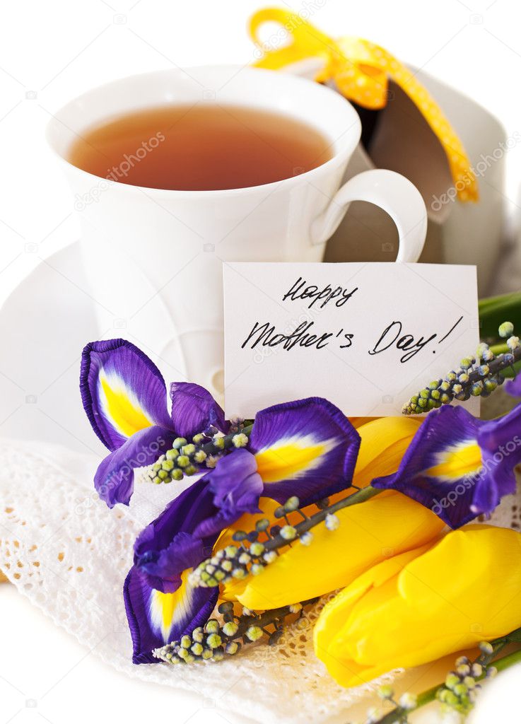 Tea with flowers and gift box for mom