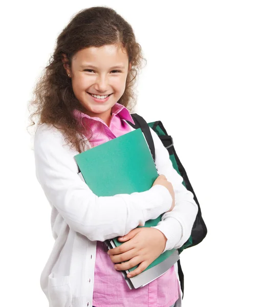 Ler skolflicka med ryggsäckバックパックと笑みを浮かべて女子高生 — ストック写真