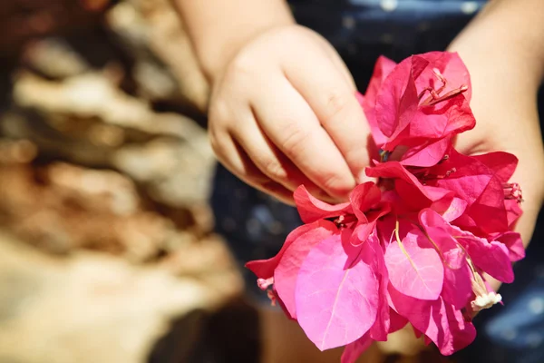 Enfant avec bouquet de bougainvilliers — Photo