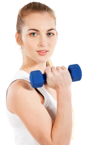 Sporty woman with blue barbells — Stock Photo, Image