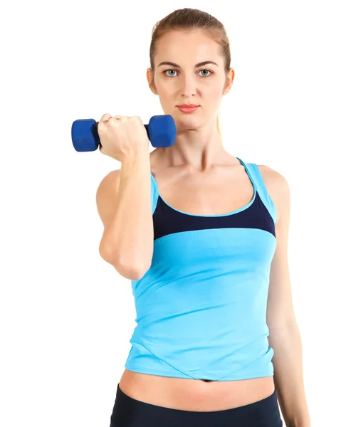 Sporty woman with blue barbells — Stock Photo, Image