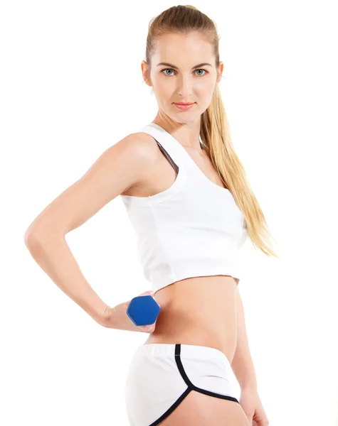 Sporty woman with blue barbells — Stock Photo, Image