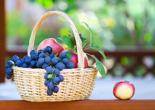 Uvas sabrosas y manzanas en la canasta en el gazebo — Foto de Stock