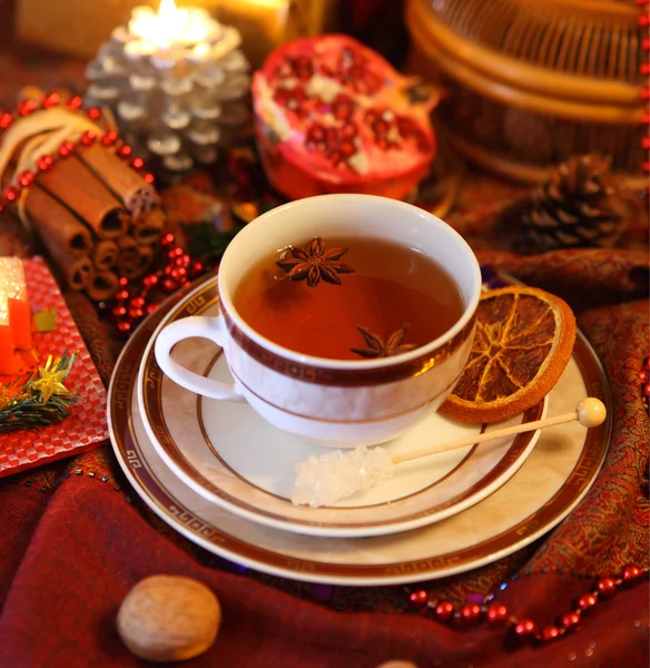 Boże Narodzenie martwa natura z filiżanką herbaty — Zdjęcie stockowe