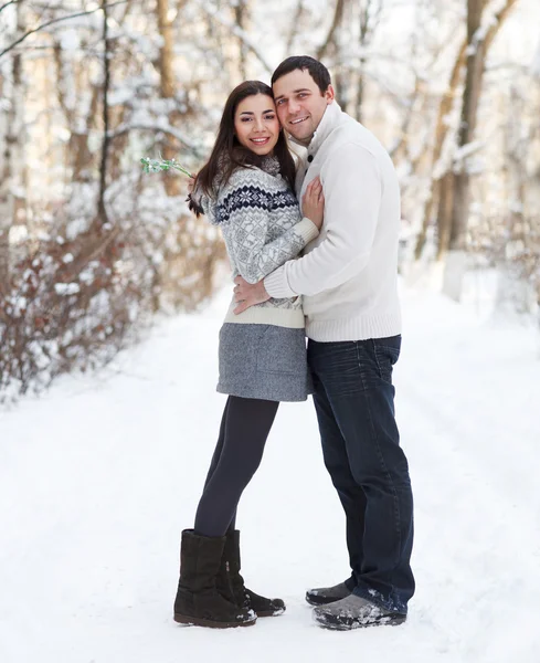 Lyckliga unga par i Vinterparken — Stockfoto