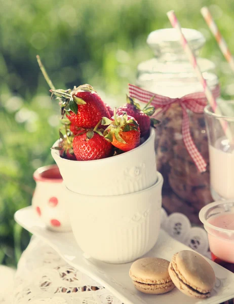 Picknick med jordgubb, cookies, jordgubb mjölk, gelé och maca — Stockfoto