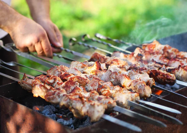 Marinado shashlik, carne de cordero a la parrilla en brocheta de metal, de cerca — Foto de Stock