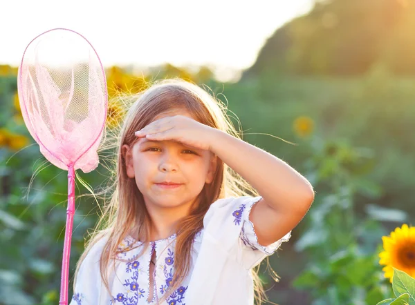 Cheerful little girl playing in a field with insect net — Stock Photo, Image