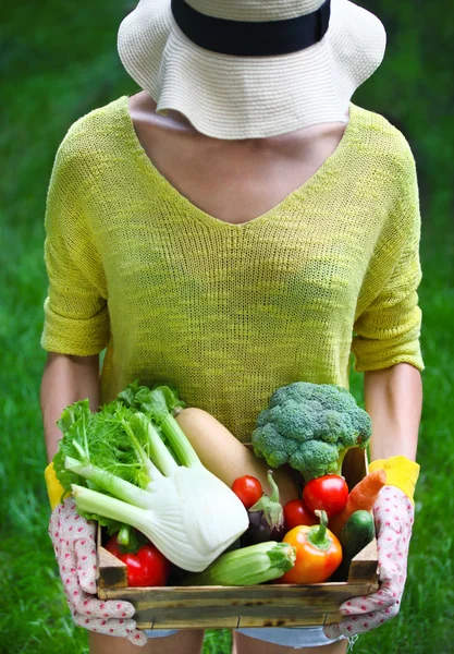 Frau mit frischem Gemüse in der Schachtel in der Hand. Nahaufnahme — Stockfoto