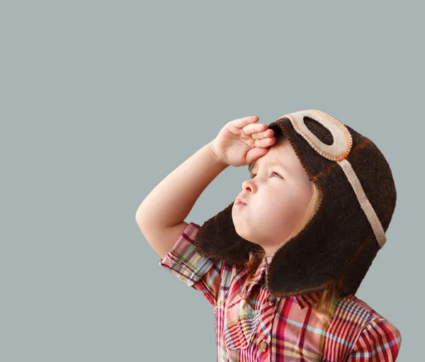 Happy kid  in helmet pilot playing — Stock Photo, Image