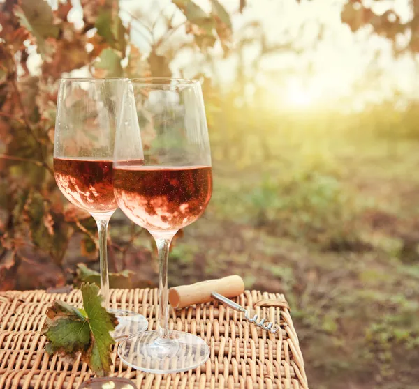 Dois copos do vinho rosa na vinha de outono Fotos De Bancos De Imagens Sem Royalties