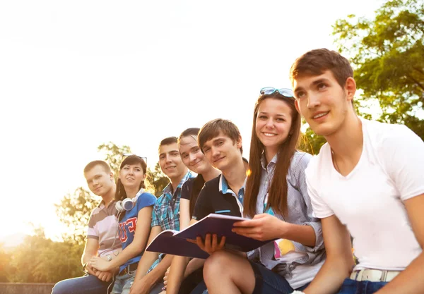 Группа студентов или подростков с ноутбуками на открытом воздухе — стоковое фото