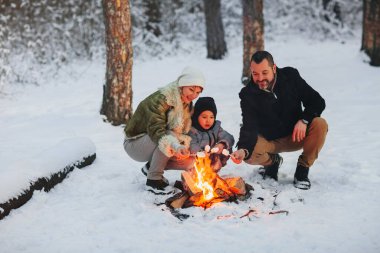 Neşeli anne ve baba ve oğul sıcak içkinin keyfini çıkarırken kış ormanlarında kamp ateşinin yanında dinleniyorlar.