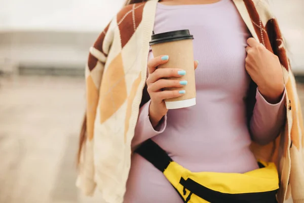 Cropped Photo Pleased Young Woman Coffee Cup Standing Outdoors Happy — Stock Photo, Image