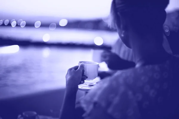 Side View Young Female Blue Dress Drinking Tea While Sitting — Stock Photo, Image