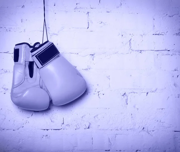 Pair Yellow Boxing Gloves Hanging Brick Wall Color 2022 Year — Stock Photo, Image