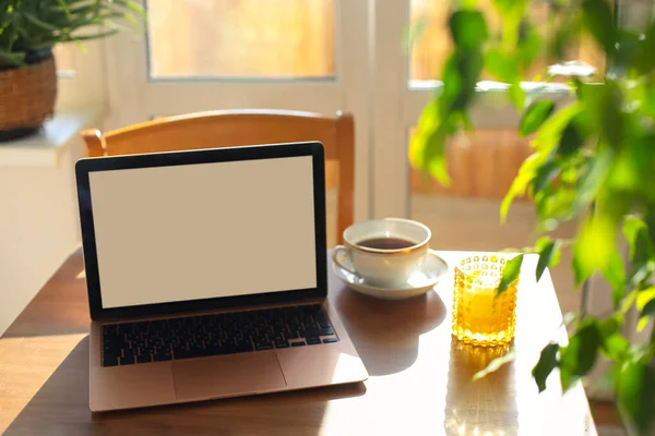 Cozy Remote Workplace Laptop Tea Cup Aroma Candle Home Open — Φωτογραφία Αρχείου