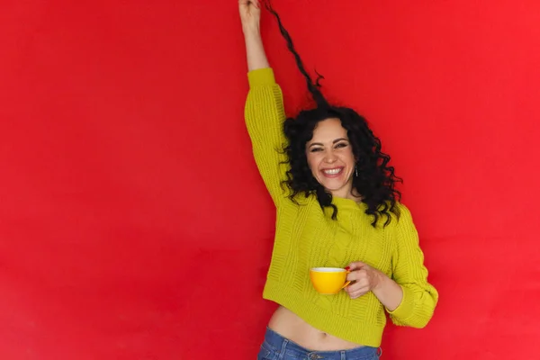 Playful Mood Studio Portrait Happy Overjoyed Young Woman Tea Cup — Stock Photo, Image