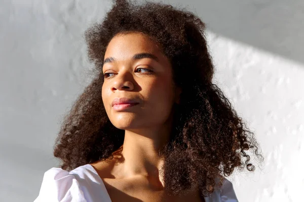 Kıvırcık Saçlı Genç Afro Amerikan Kadının Portresi Kapalı Alanda Gri — Stok fotoğraf