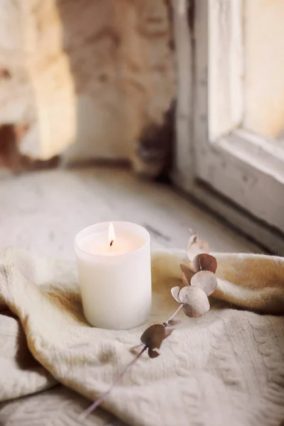 Close Burning Candle Rustic Style Windowsill Knitted Scarf Dry Twig — Stock Photo, Image