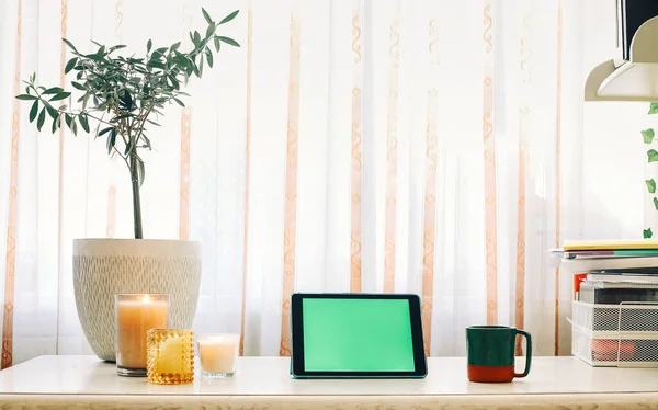 Tableta Digital Con Pantalla Verde Mesa Madera Con Planta Interior — Foto de Stock