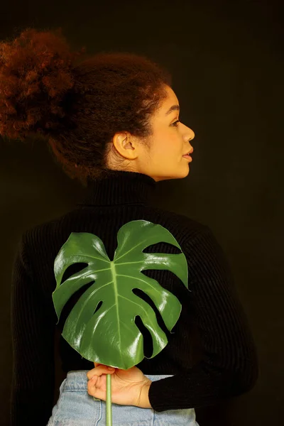 自然美 黑漆漆的非洲裔美国年轻女子画像 凝视着相机 沉思的非洲女子抱着热带植物 隔着黑墙 免版税图库照片