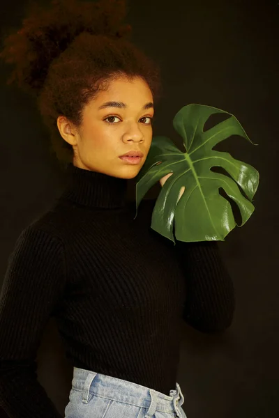 Naturalne Piękno Ciemny Portret Studyjny Młodej Afrykańsko Amerykańskiej Kobiety Zielonym — Zdjęcie stockowe