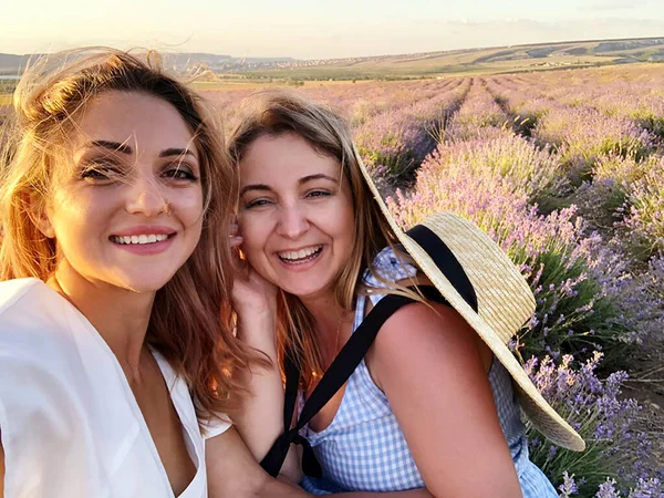 Two Happy Overjoyed Women Female Friends Tourists Taking Selfie While — Stock Photo, Image