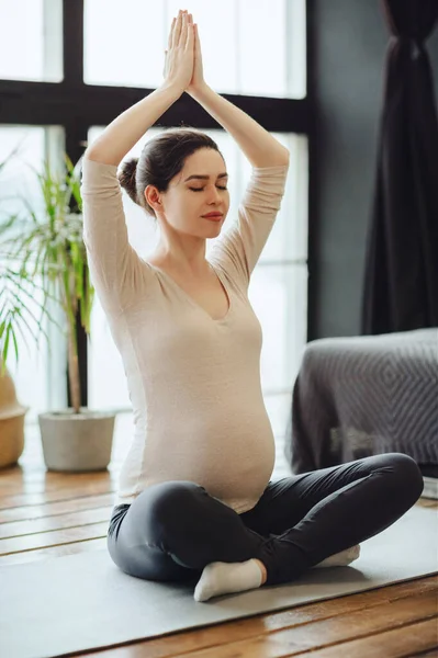 Meditation Pregnancy Young Calm Tranquil Pregnant Woman Doing Yoga Home — Stock Photo, Image