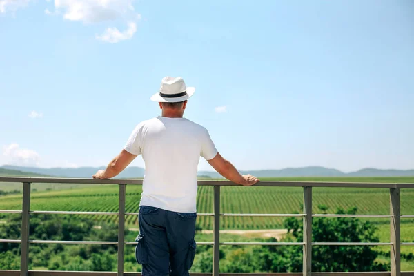 Vrolijke Wijnboer Met Hoed Proeverij Wijn Een Wijngaard Zomer Zomervakantie — Stockfoto