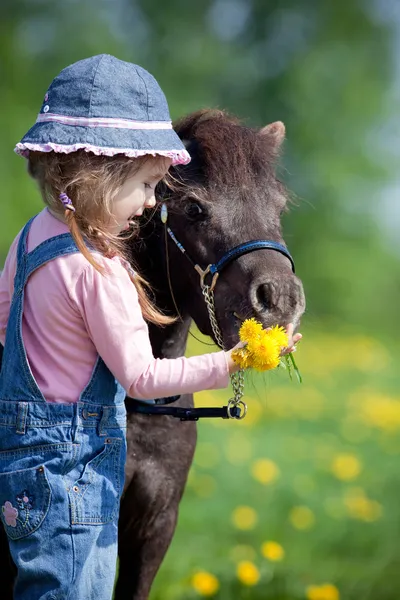 Enfant avec pissenlit et cheval — Photo