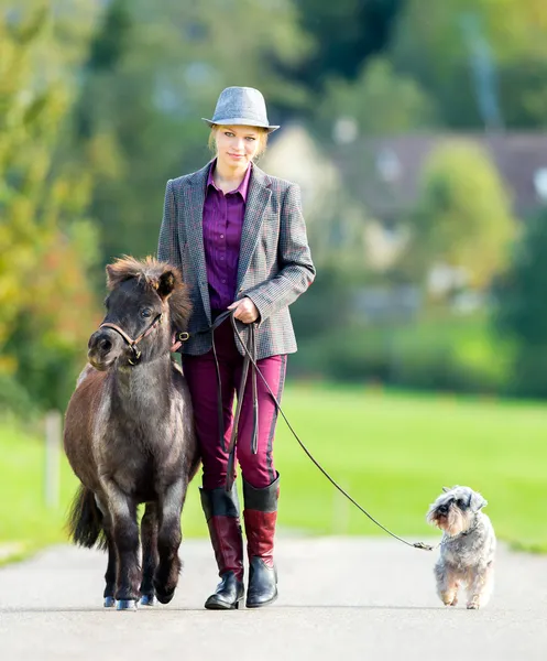 Woman with pony and dog — Stock Photo, Image