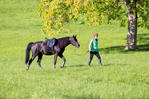 Frau geht mit Pferd — Stockfoto