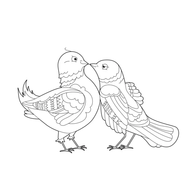 Deux Oiseaux Mignons Style Caniche Fond Noir Blanc Colombes Drôles — Image vectorielle