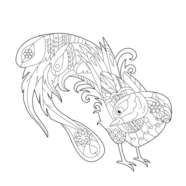 Niedlicher Pfau Doodle Stil Schwarz Weißer Hintergrund Lustiger Vogel Malbuchseiten — Stockvektor