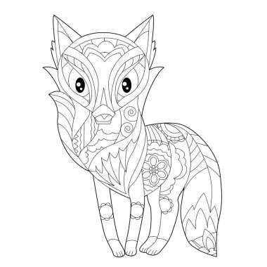 Sevimli hayvan tilkisi. Doodle tarzı, siyah beyaz arka plan. Komik hayvan, boyama kitabı sayfaları. Çocuklar ve yetişkinler için zentangle stili el çizimi, dövme.
