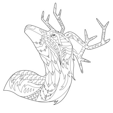 Dekoratif ren geyiği kafasıyla boyama kitabı için doğrusal çizim yap. Hayvan, stres karşıtı bir resim. Yetişkinler ve çocuklar için çizgi tasarımı Zen-karmaşası tarzı, dövme ve boyama sayfası.