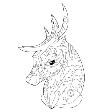 Dekoratif ren geyiği kafasıyla boyama kitabı için doğrusal çizim yap. Hayvan, stres karşıtı bir resim. Yetişkinler ve çocuklar için çizgi tasarımı Zen-karmaşası tarzı, dövme ve boyama sayfası.