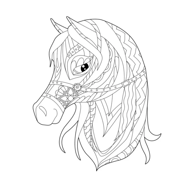 Ilustração Linear Contorno Para Livro Colorir Com Cabeça Cavalo Decorativa — Vetor de Stock