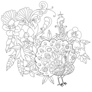 Çiçekli cennet kuşuyla boyama kitabı için doğrusal çizim yapın. Tropik tavus kuşu, stres karşıtı resim. Yetişkinler ve çocuklar için çizgi tasarımı Zen-karmaşası tarzı, dövme ve boyama sayfası.