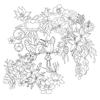 Çiçekli cennet kuşlarıyla boyama kitabı için doğrusal çizim yapın. Tropik kuşlar, stres karşıtı resimler. Yetişkinler ve çocuklar için çizgi tasarımı Zen-karmaşası tarzı, dövme ve boyama sayfası.