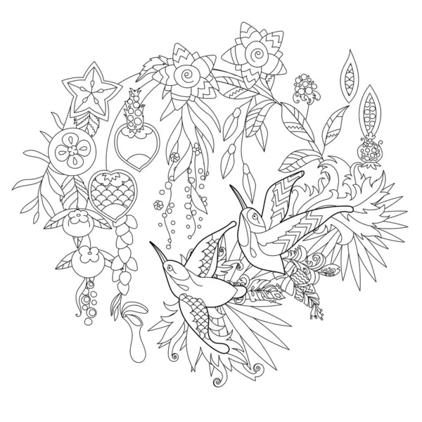 花の楽園の鳥と本を着色するための輪郭線イラスト 熱帯のコリブリ 抗ストレス画像 大人や子供のための線画のデザイン 角のスタイル 入れ墨と着色のページ — ストックベクタ
