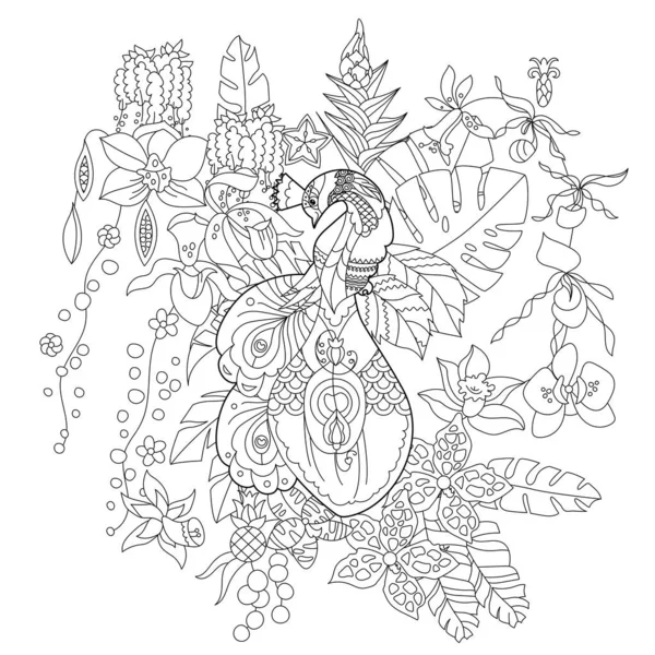 Контурная Линейная Иллюстрация Раскраски Книги Райской Птицей Цветах Тропический Павлин — стоковый вектор