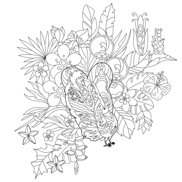 Konturlineare Illustration Für Malbuch Mit Paradiesvogel Blumen Tropischer Pfau Stress — Stockvektor