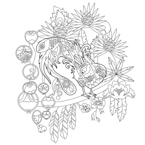 Konturlineare Illustration Für Malbuch Mit Paradiesvogel Blumen Tropischer Pfau Stress — Stockvektor