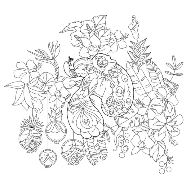 Контурна Лінійна Ілюстрація Розмальовки Книги Райськими Птахами Квітах Тропічні Птахи — стоковий вектор