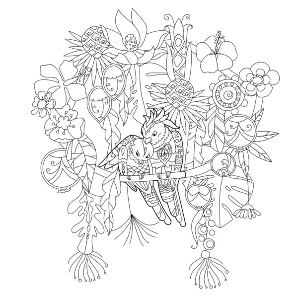 Konturlineare Illustration Für Malbuch Mit Paradiesvögeln Blumen Tropische Papageien Stress — Stockvektor