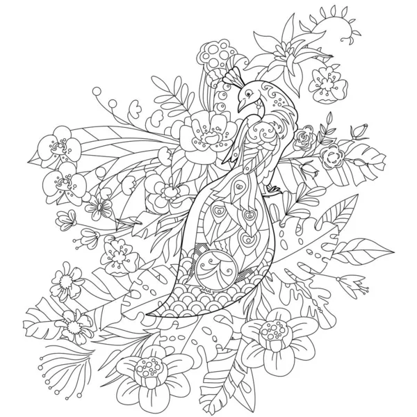 Illustration Linéaire Contour Pour Livre Colorier Avec Oiseau Paradis Fleurs — Image vectorielle