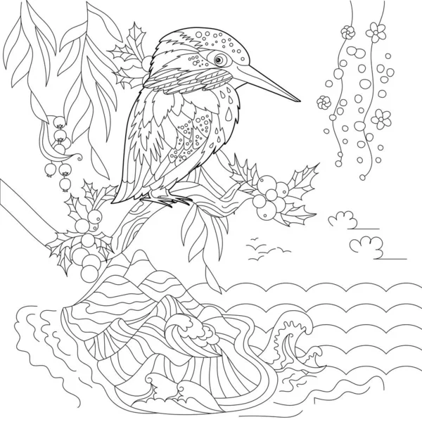 Konturlineare Illustration Für Malbuch Mit Vogel Wassernähe Hübscher Eisvogel Stress — Stockvektor
